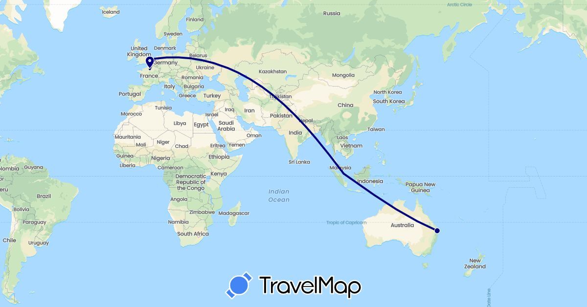 TravelMap itinerary: driving in Australia, France, Netherlands, Singapore (Asia, Europe, Oceania)